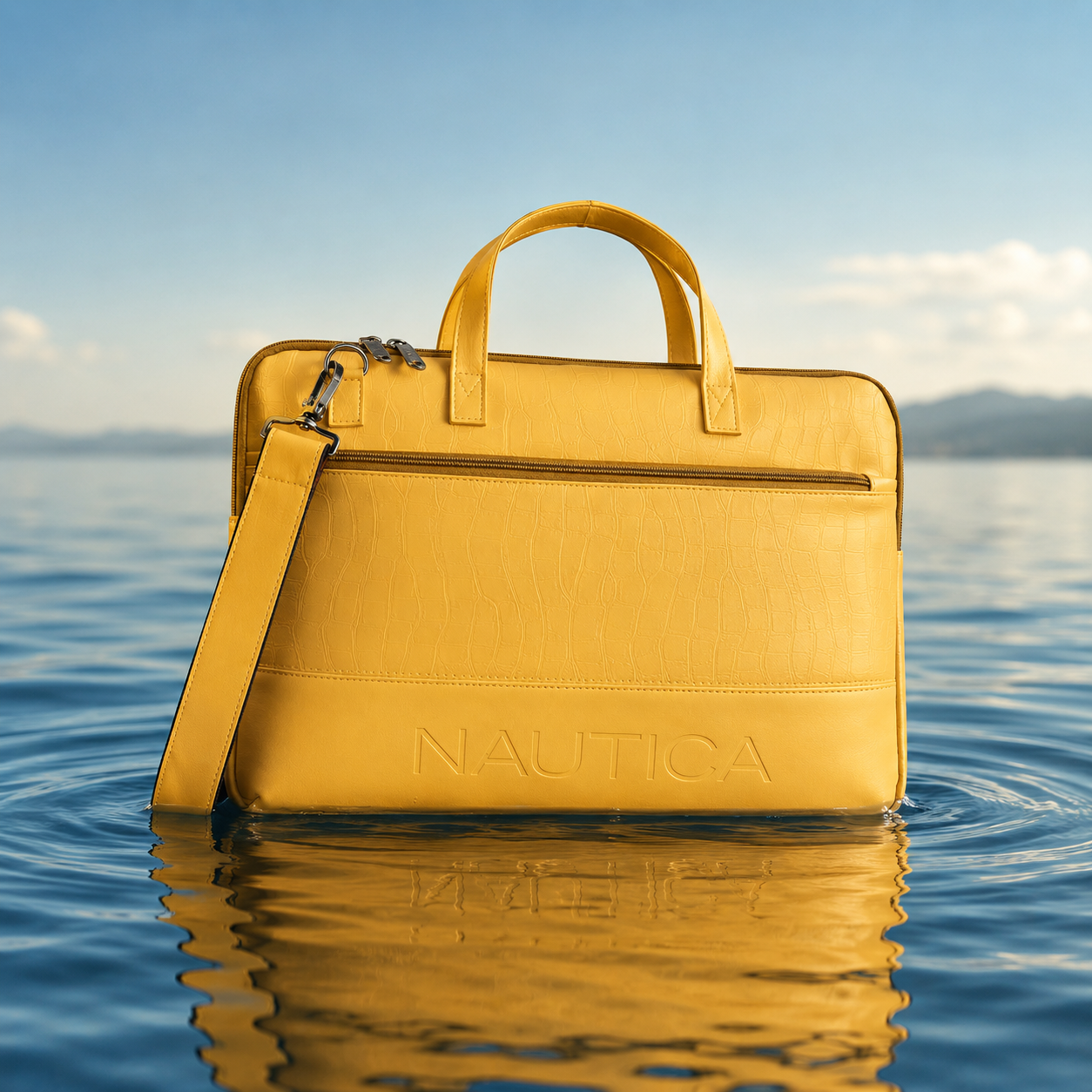 FEATURES :  NEW ENGLISH COLOR CROCO TEXTURED DESIGN COMPACT SIZE / WITH STRAP INSIDE POKET ZIP 16.5*11.5*2 INCH SIZE NAUTICA 03 - YELLOW image 5