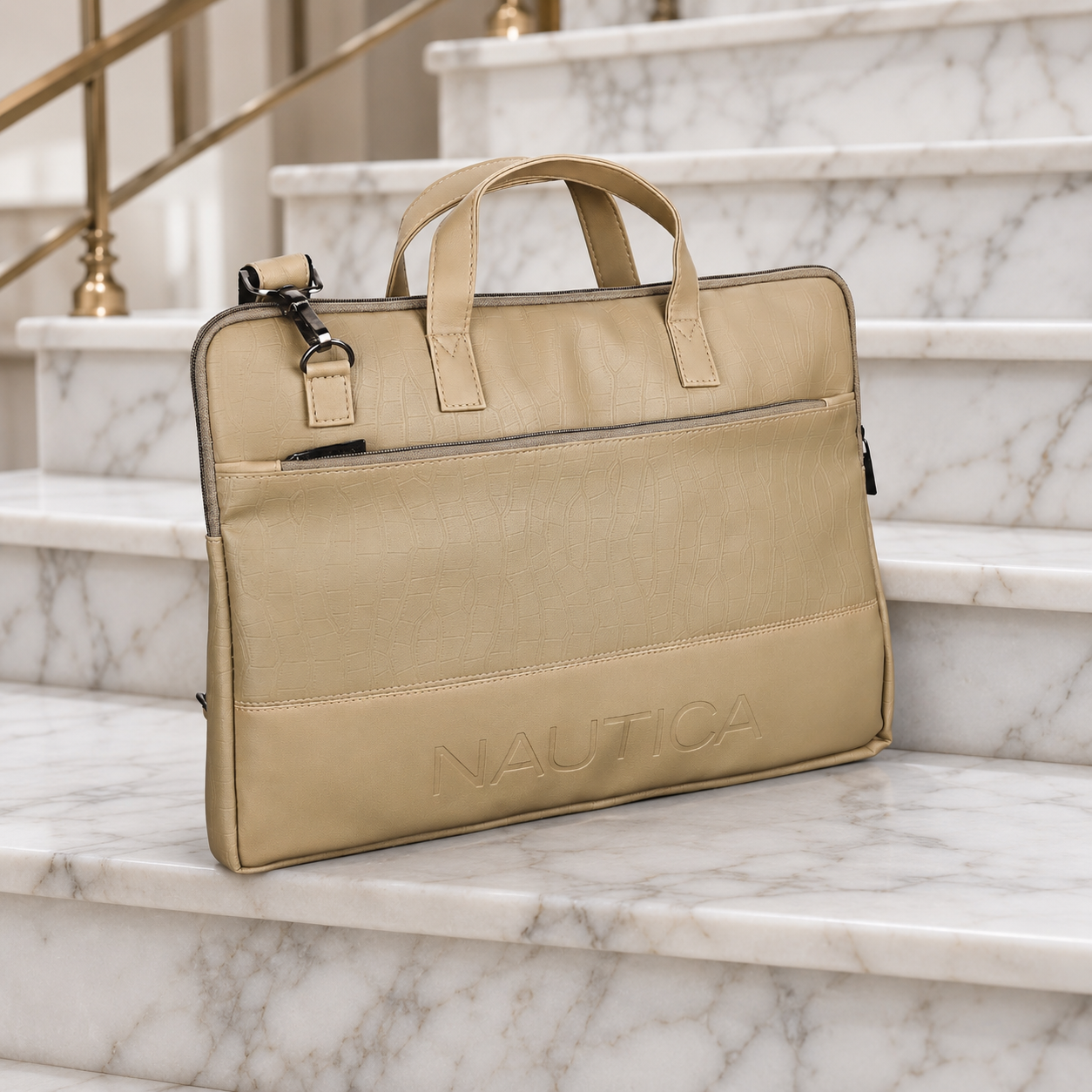 FEATURES : NEW ENGLISH COLOR CROCO TEXTURED DESIGN COMPACT SIZE / WITH STRAP INSIDE POKET ZIP 16.5*11.5*2 INCH SIZE NAUTICA 11 - IVORY