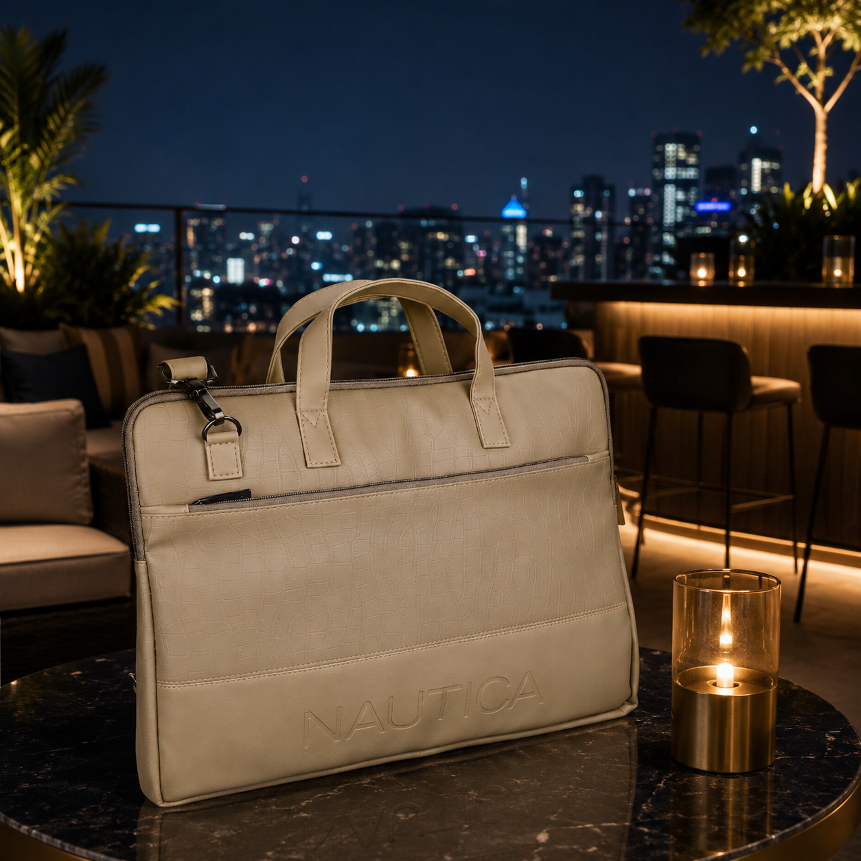 FEATURES : NEW ENGLISH COLOR CROCO TEXTURED DESIGN COMPACT SIZE / WITH STRAP INSIDE POKET ZIP 16.5*11.5*2 INCH SIZE NAUTICA 11 - IVORY image 2