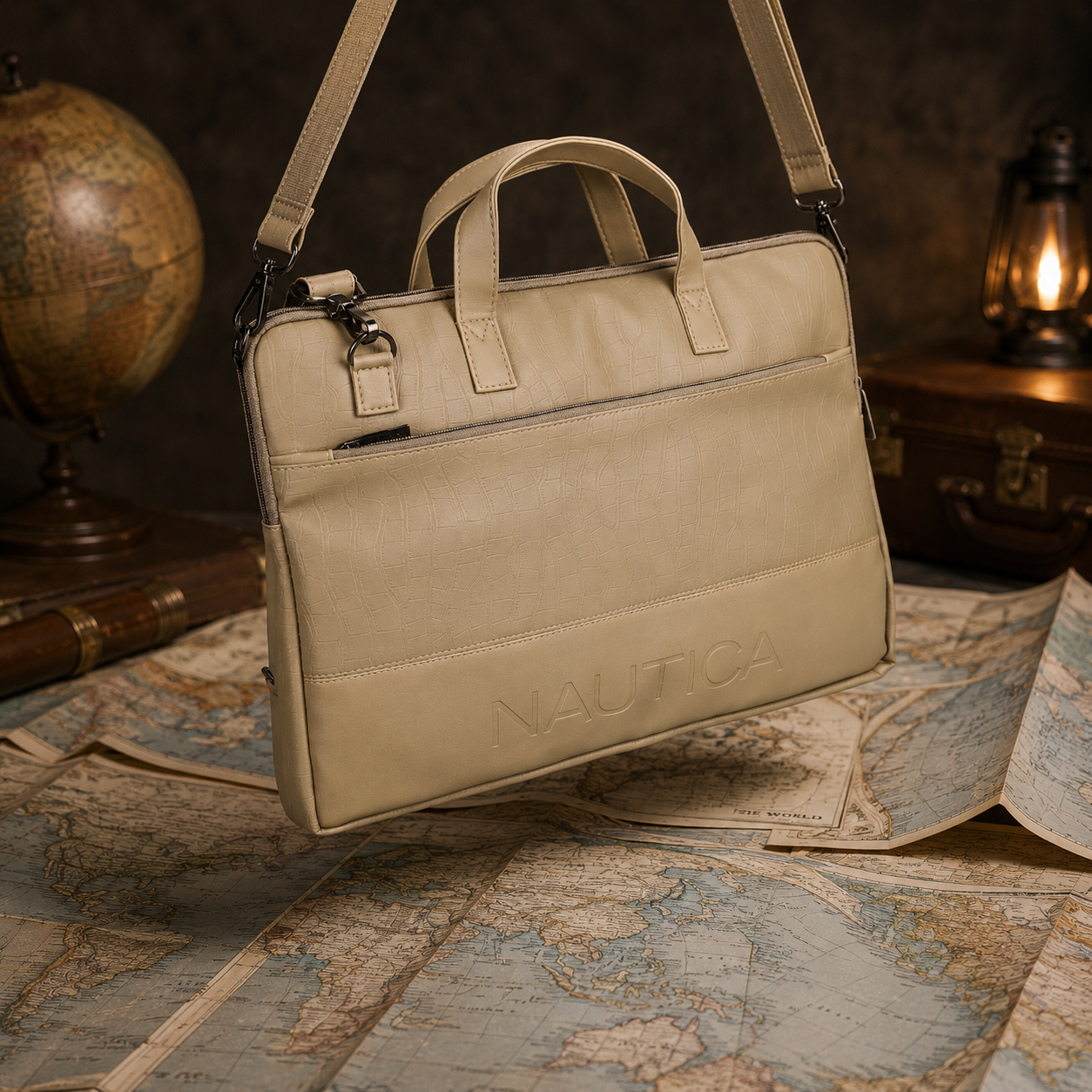 FEATURES : NEW ENGLISH COLOR CROCO TEXTURED DESIGN COMPACT SIZE / WITH STRAP INSIDE POKET ZIP 16.5*11.5*2 INCH SIZE NAUTICA 11 - IVORY image 4