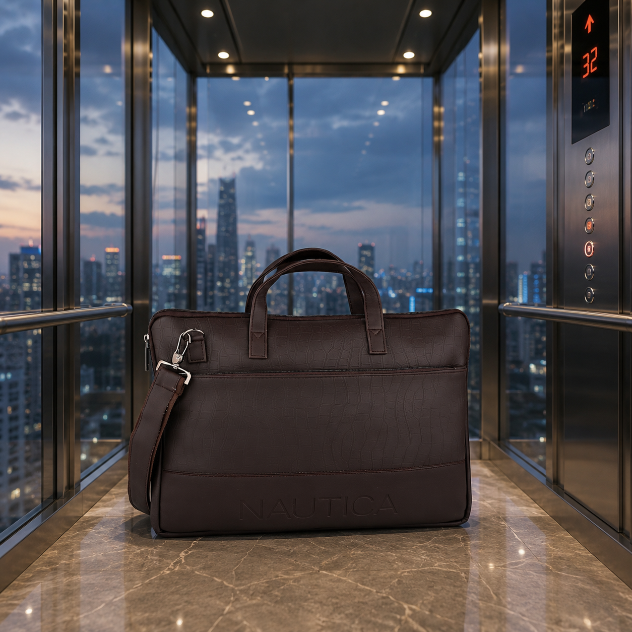 FEATURES : NEW ENGLISH COLOR CROCO TEXTURED DESIGN COMPACT SIZE / WITH STRAP INSIDE POKET ZIP 16.5*11.5*2 INCH SIZE NAUTICA 13 - DARK BROWN
