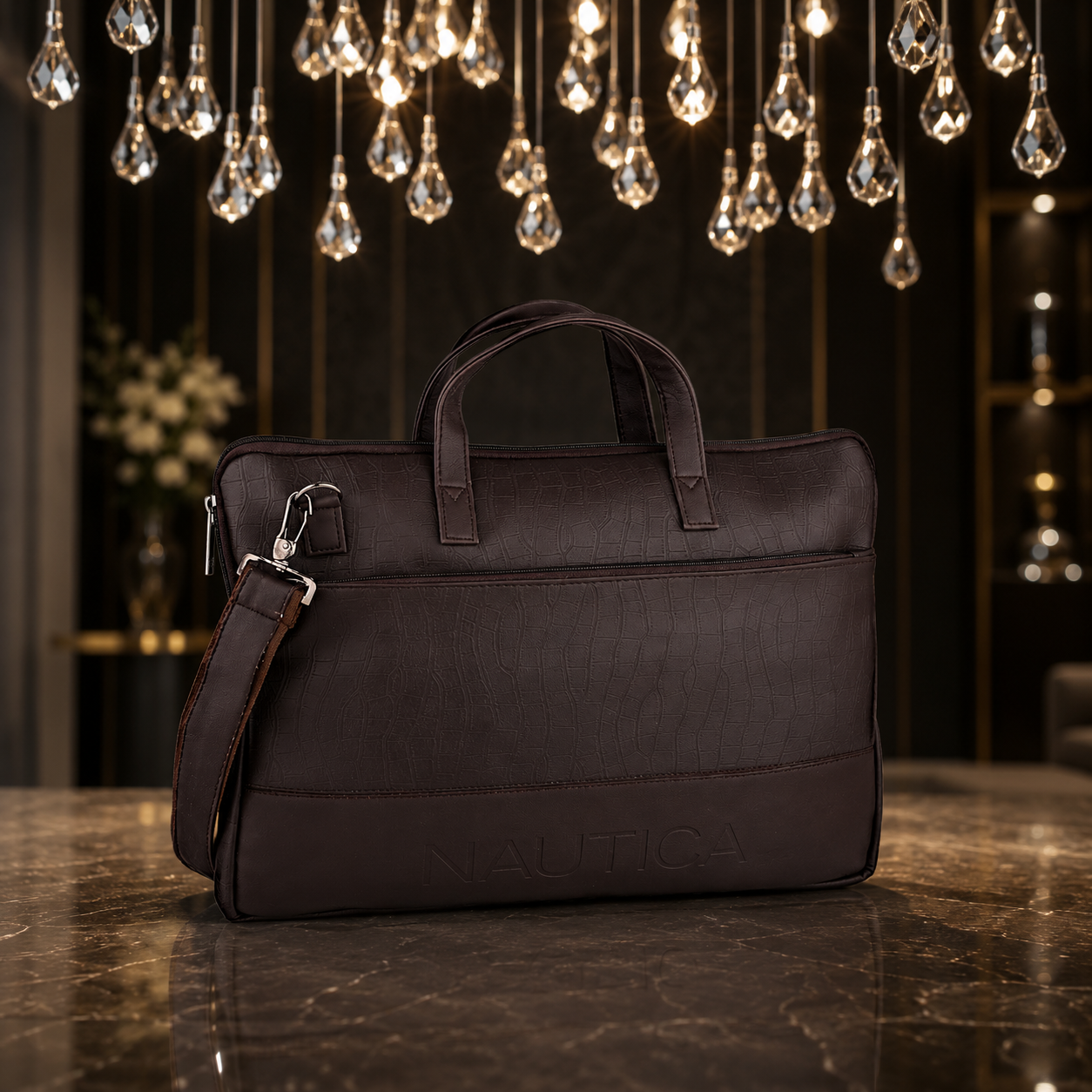 FEATURES : NEW ENGLISH COLOR CROCO TEXTURED DESIGN COMPACT SIZE / WITH STRAP INSIDE POKET ZIP 16.5*11.5*2 INCH SIZE NAUTICA 13 - DARK BROWN image 2