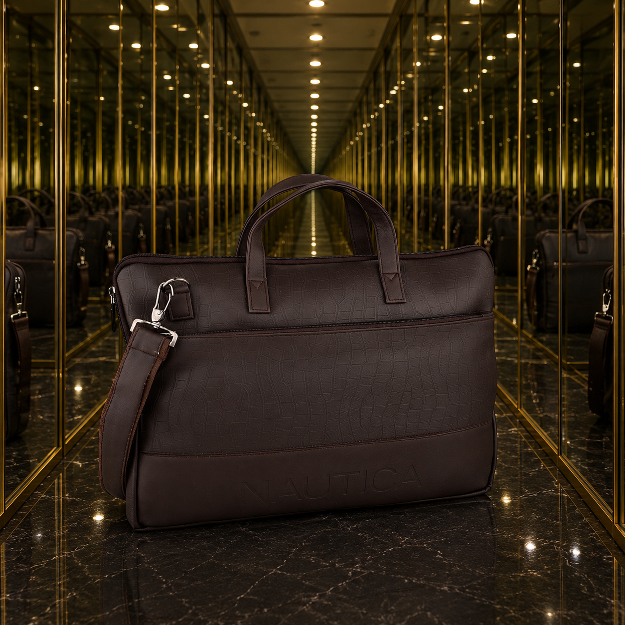 FEATURES : NEW ENGLISH COLOR CROCO TEXTURED DESIGN COMPACT SIZE / WITH STRAP INSIDE POKET ZIP 16.5*11.5*2 INCH SIZE NAUTICA 13 - DARK BROWN image 3