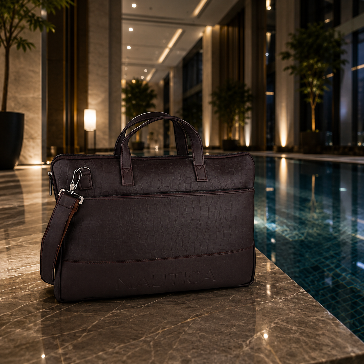 FEATURES : NEW ENGLISH COLOR CROCO TEXTURED DESIGN COMPACT SIZE / WITH STRAP INSIDE POKET ZIP 16.5*11.5*2 INCH SIZE NAUTICA 13 - DARK BROWN image 4