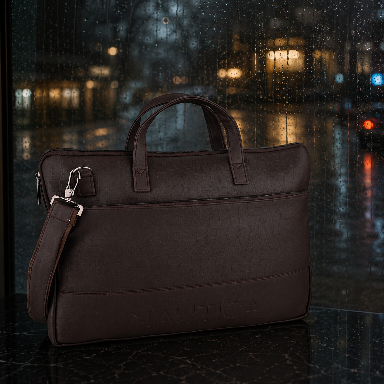 FEATURES : NEW ENGLISH COLOR CROCO TEXTURED DESIGN COMPACT SIZE / WITH STRAP INSIDE POKET ZIP 16.5*11.5*2 INCH SIZE NAUTICA 13 - DARK BROWN image 5