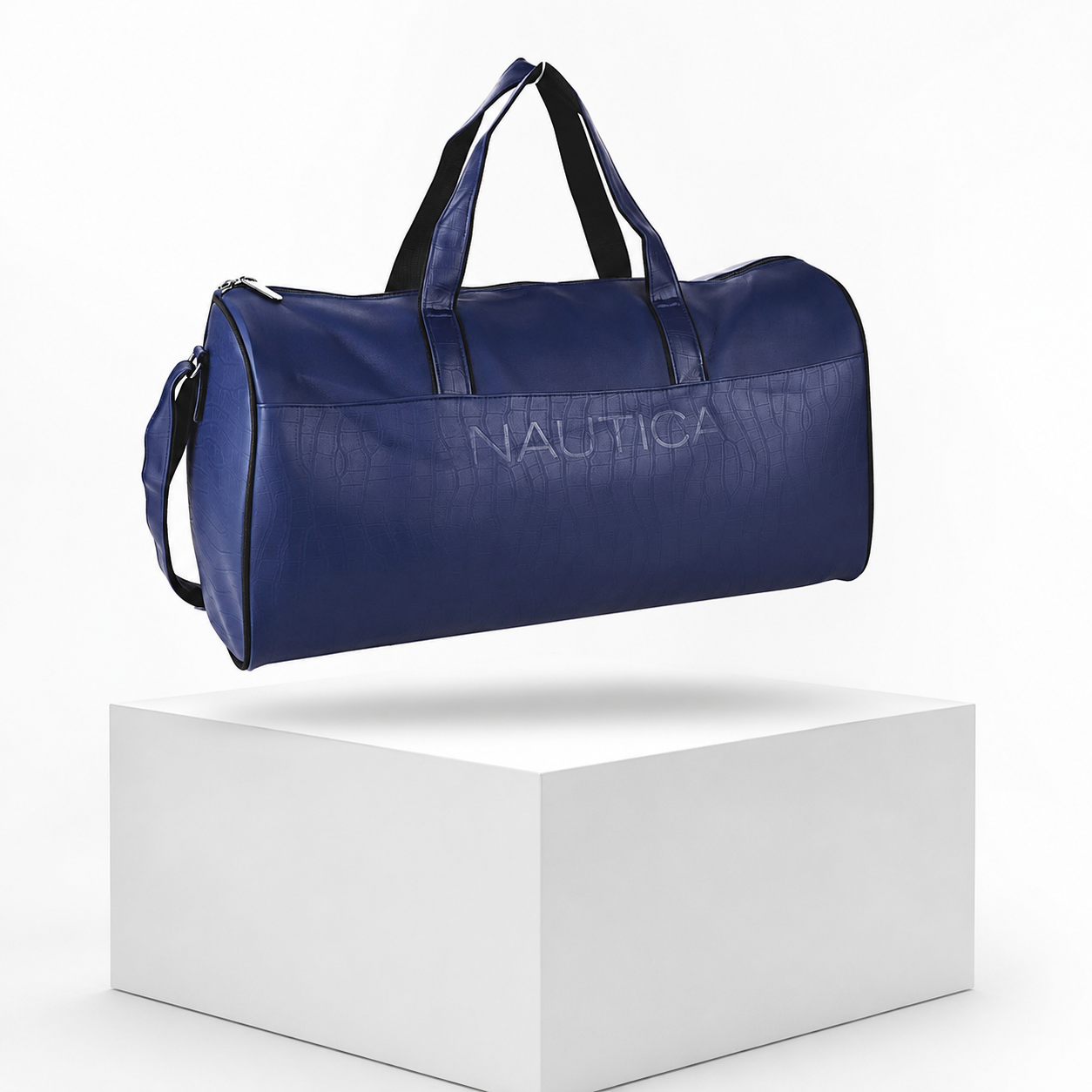 FEATURES : NEW ENGLISH COLORE CROCO TEXTURED DESIGN COMPACT SIZE / WITH STRAP 19.3*11*8.7 INCH SIZE CROCO DUFFLE - NAVY BLUE