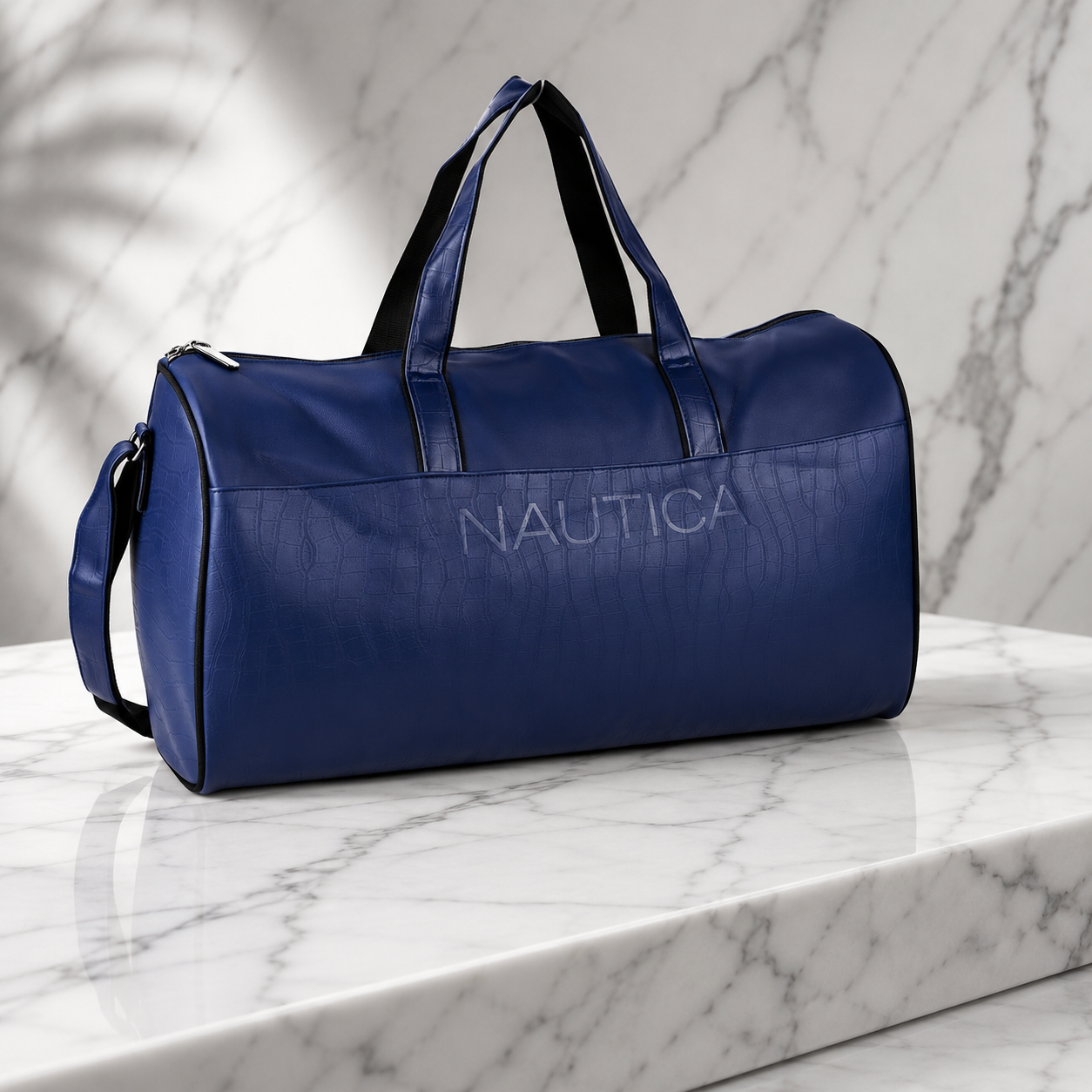 FEATURES : NEW ENGLISH COLORE CROCO TEXTURED DESIGN COMPACT SIZE / WITH STRAP 19.3*11*8.7 INCH SIZE CROCO DUFFLE - NAVY BLUE image 4