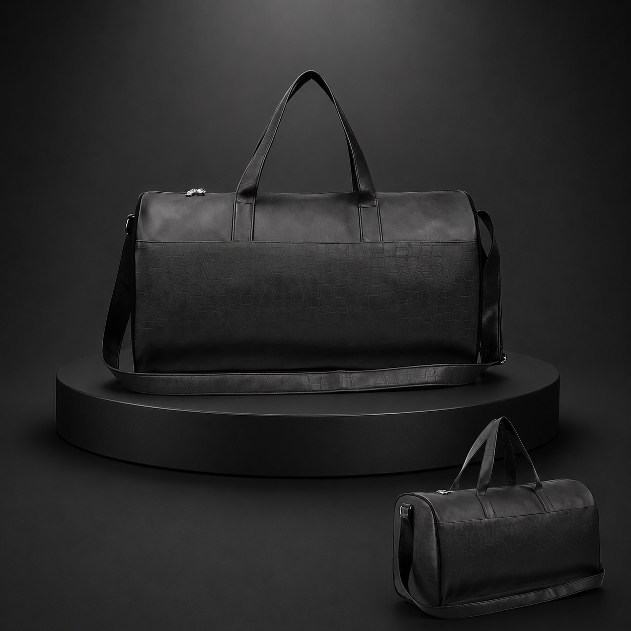 FEATURES : NEW ENGLISH COLORE CROCO TEXTURED DESIGN COMPACT SIZE / WITH STRAP 19.3*11*8.7 INCH SIZE CROCO DUFFLE - BLACK