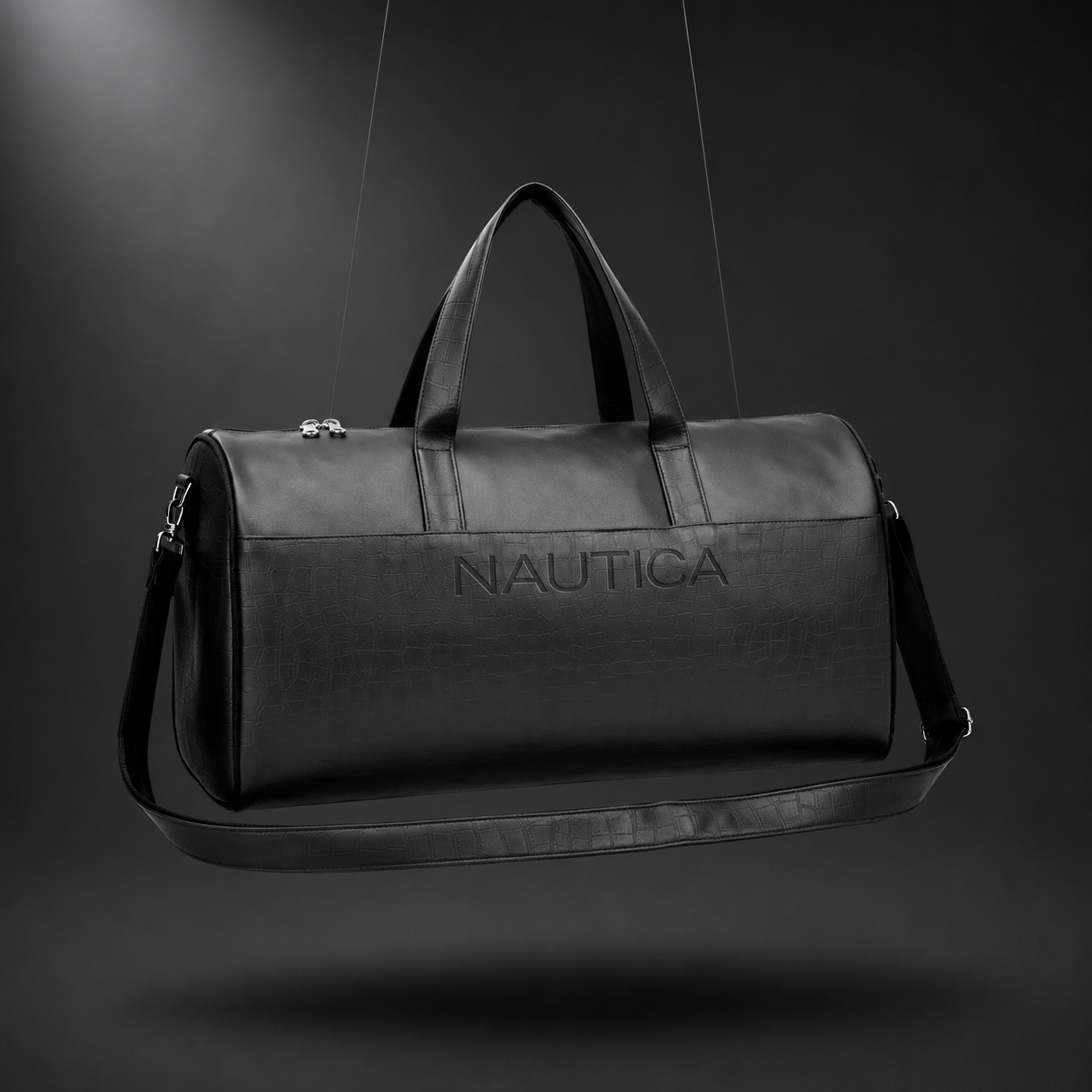 FEATURES : NEW ENGLISH COLORE CROCO TEXTURED DESIGN COMPACT SIZE / WITH STRAP 19.3*11*8.7 INCH SIZE CROCO DUFFLE - BLACK image 2
