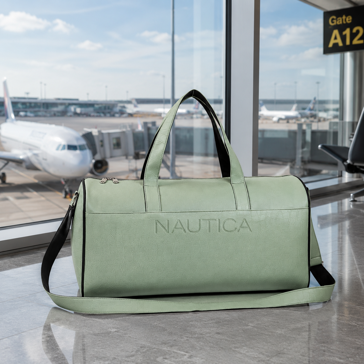 FEATURES : NEW ENGLISH COLORE CROCO TEXTURED DESIGN COMPACT SIZE / WITH STRAP 19.3*11*8.7 INCH SIZE CROCO DUFFLE - LIGHT GREEN