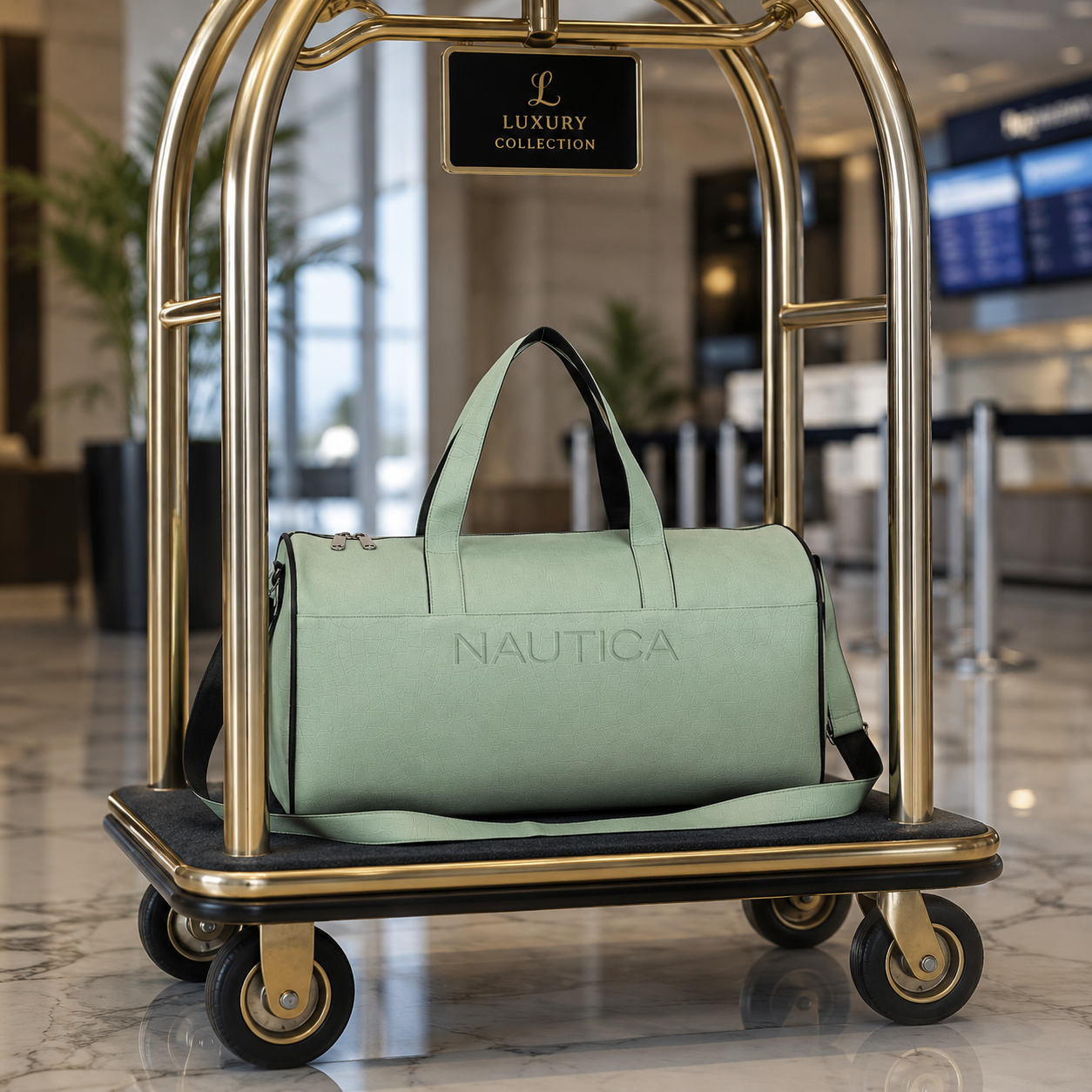FEATURES : NEW ENGLISH COLORE CROCO TEXTURED DESIGN COMPACT SIZE / WITH STRAP 19.3*11*8.7 INCH SIZE CROCO DUFFLE - LIGHT GREEN image 2