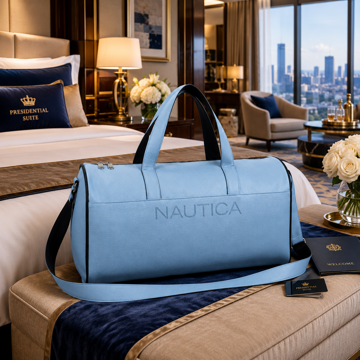 FEATURES : NEW ENGLISH COLORE CROCO TEXTURED DESIGN COMPACT SIZE / WITH STRAP 19.3*11*8.7 INCH SIZE CROCO DUFFLE - LIGHT BLUE image 2