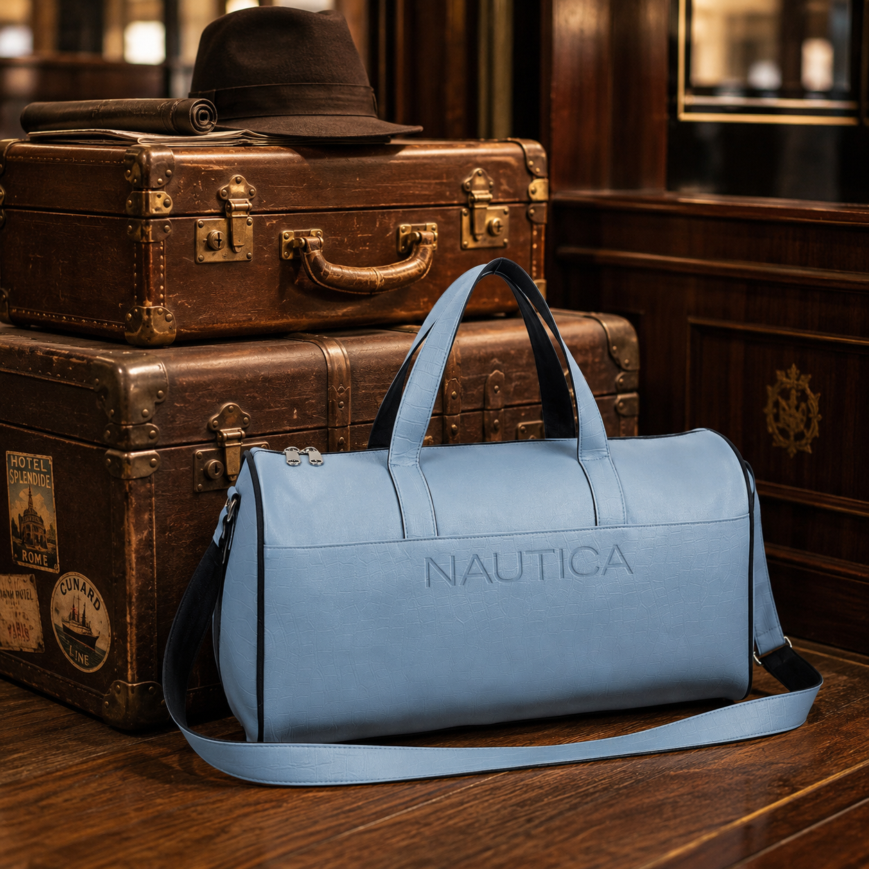 FEATURES : NEW ENGLISH COLORE CROCO TEXTURED DESIGN COMPACT SIZE / WITH STRAP 19.3*11*8.7 INCH SIZE CROCO DUFFLE - LIGHT BLUE image 3