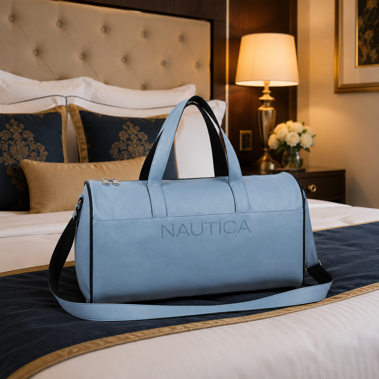 FEATURES : NEW ENGLISH COLORE CROCO TEXTURED DESIGN COMPACT SIZE / WITH STRAP 19.3*11*8.7 INCH SIZE CROCO DUFFLE - LIGHT BLUE image 4