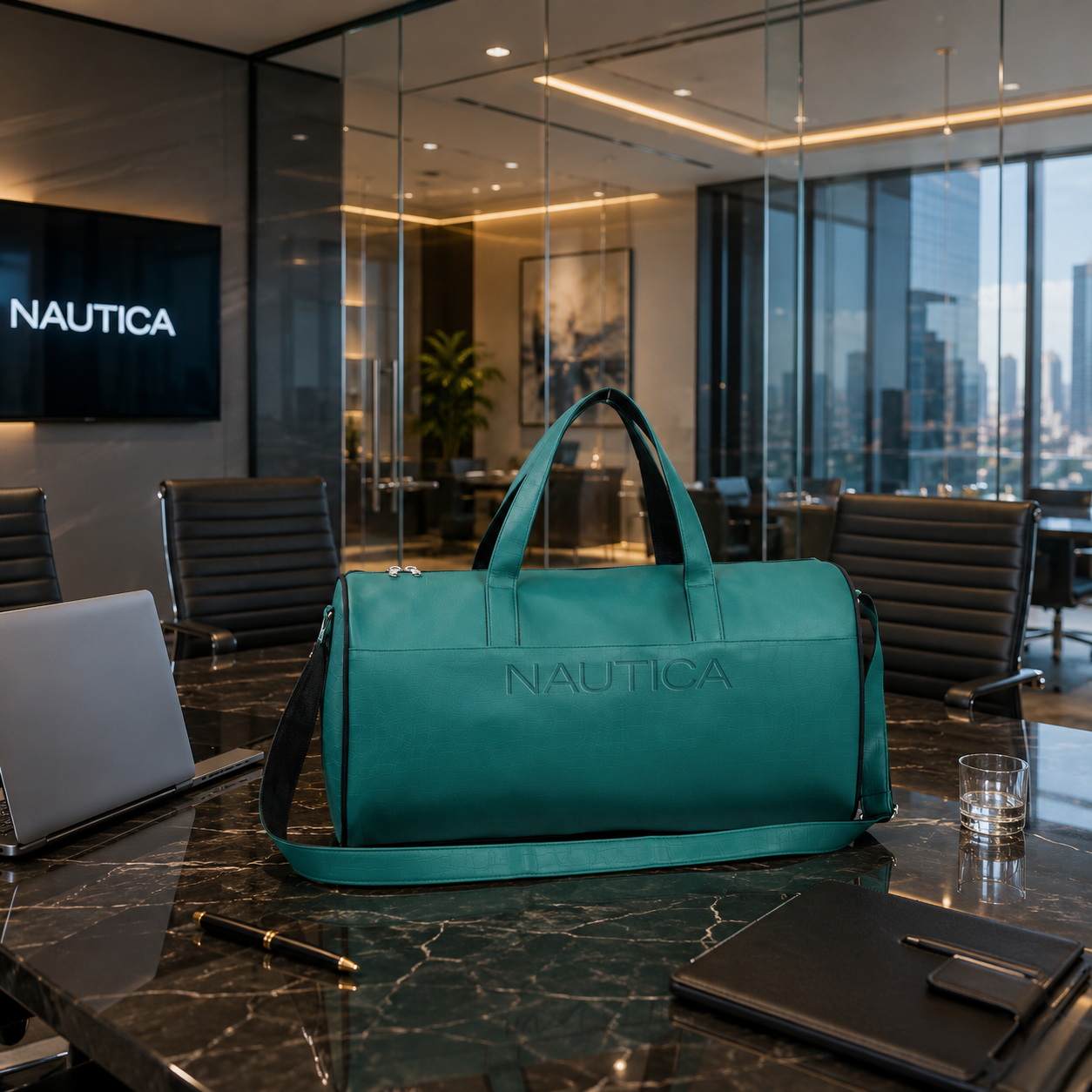 FEATURES : NEW ENGLISH COLORE CROCO TEXTURED DESIGN COMPACT SIZE / WITH STRAP 19.3*11*8.7 INCH SIZE CROCO DUFFLE - DARK GREEN