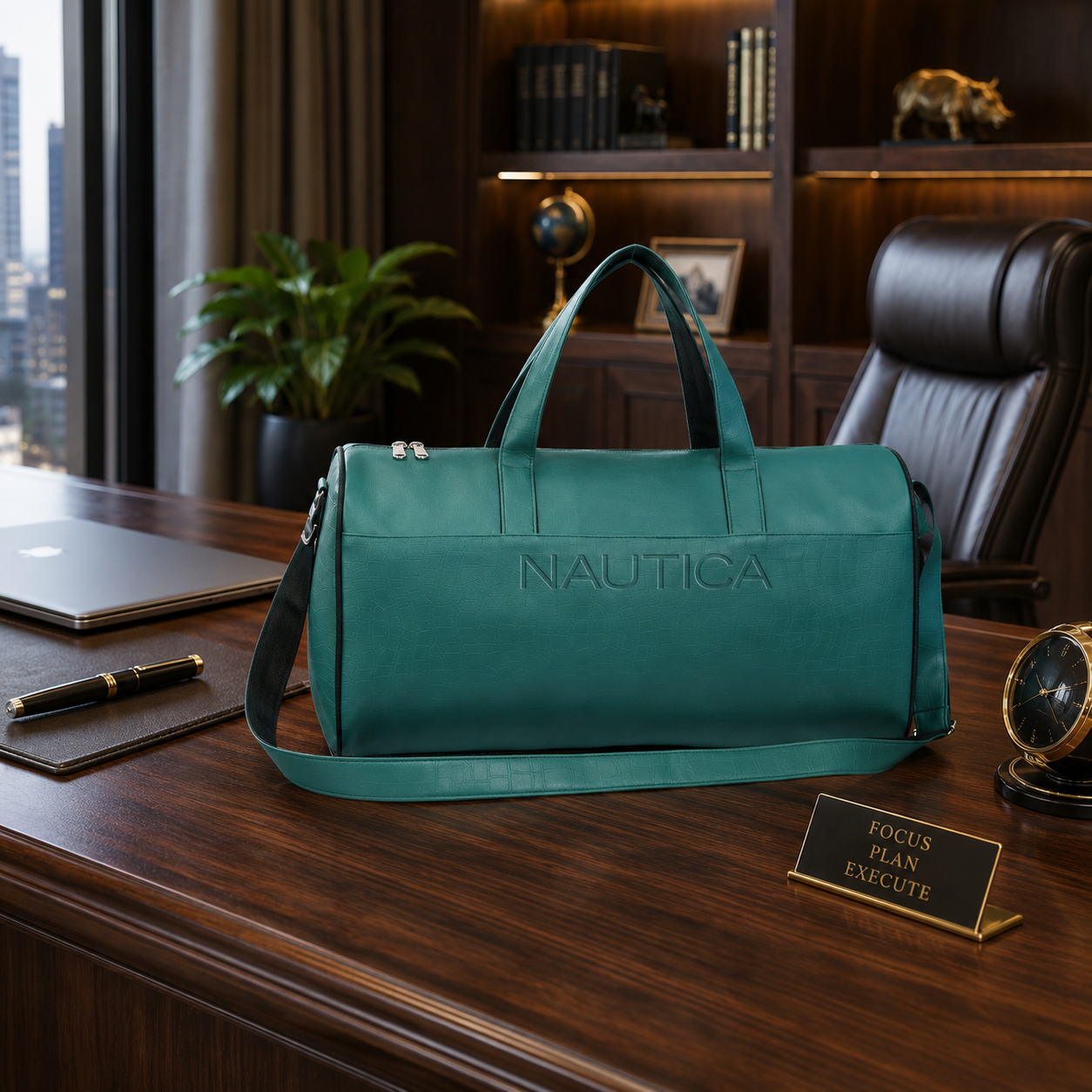FEATURES : NEW ENGLISH COLORE CROCO TEXTURED DESIGN COMPACT SIZE / WITH STRAP 19.3*11*8.7 INCH SIZE CROCO DUFFLE - DARK GREEN image 2