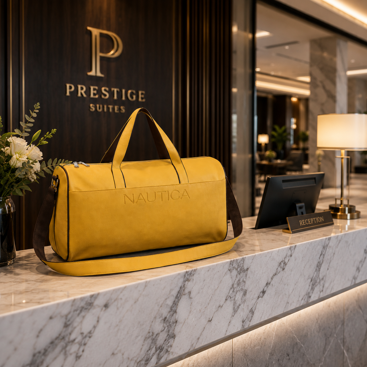 FEATURES :  NEW ENGLISH COLORE CROCO TEXTURED DESIGN COMPACT SIZE / WITH STRAP 19.3*11*8.7 INCH SIZE CROCO DUFFLE - YELLOW image 3