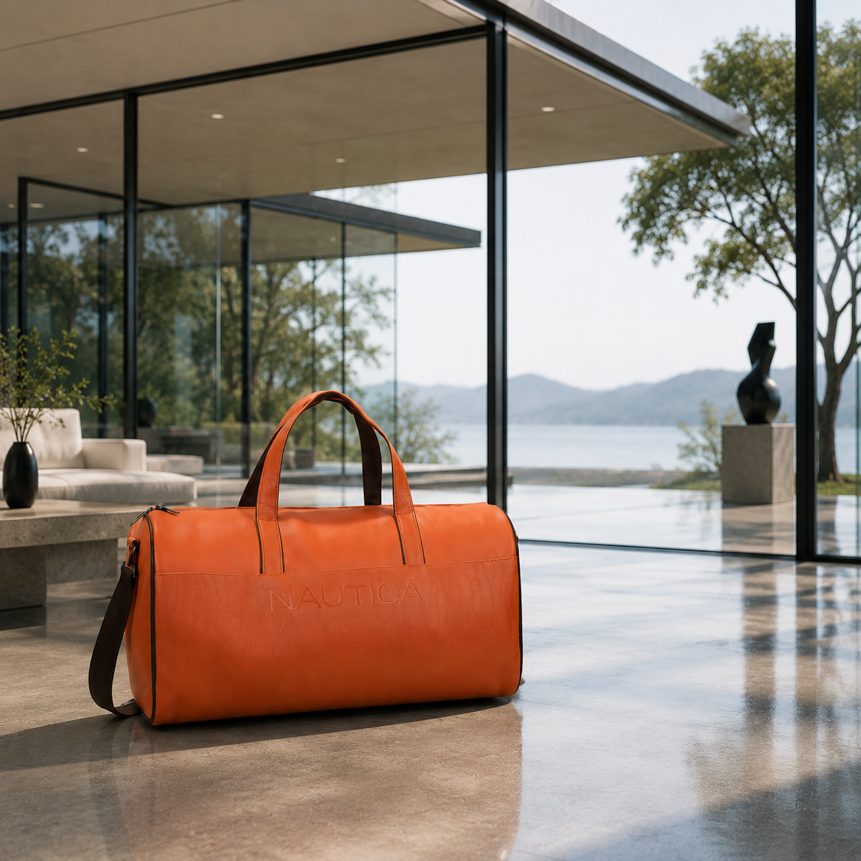 FEATURES : NEW ENGLISH COLORE CROCO TEXTURED DESIGN COMPACT SIZE / WITH STRAP 19.3*11*8.7 INCH SIZE CROCO DUFFLE - TAN image 2