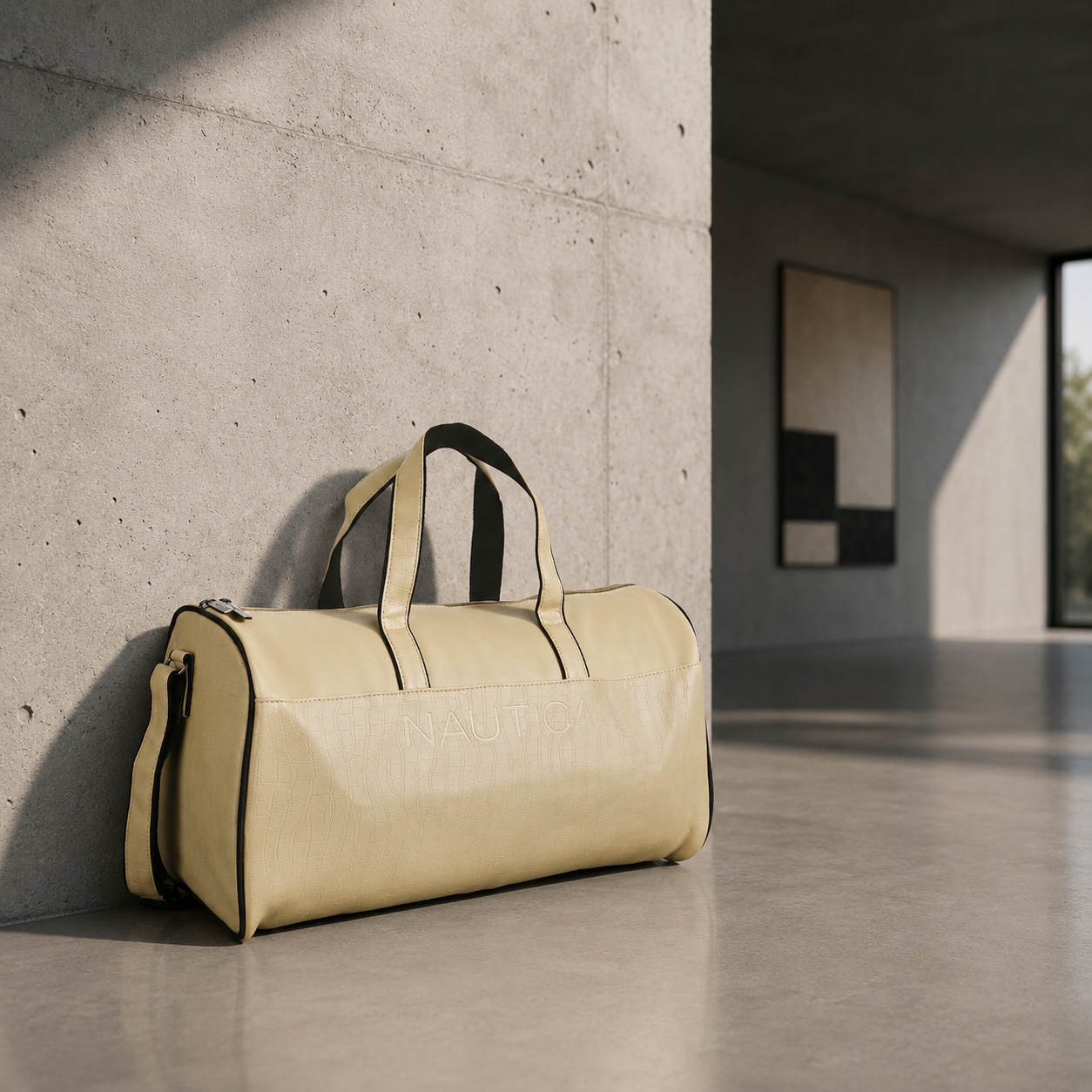FEATURES : NEW ENGLISH COLORE CROCO TEXTURED DESIGN COMPACT SIZE / WITH STRAP 19.3*11*8.7 INCH SIZE CROCO DUFFLE - IVORY