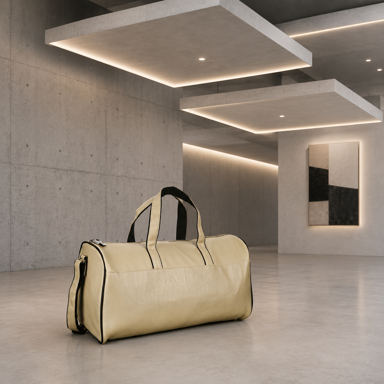 FEATURES : NEW ENGLISH COLORE CROCO TEXTURED DESIGN COMPACT SIZE / WITH STRAP 19.3*11*8.7 INCH SIZE CROCO DUFFLE - IVORY image 2