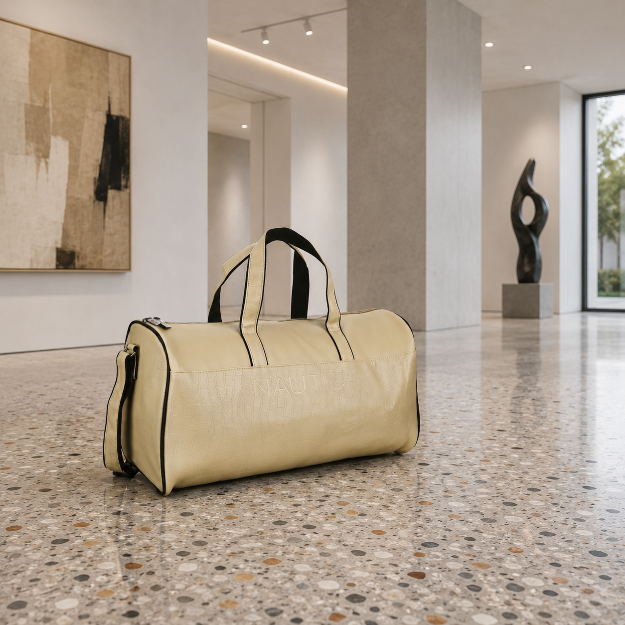 FEATURES : NEW ENGLISH COLORE CROCO TEXTURED DESIGN COMPACT SIZE / WITH STRAP 19.3*11*8.7 INCH SIZE CROCO DUFFLE - IVORY image 4