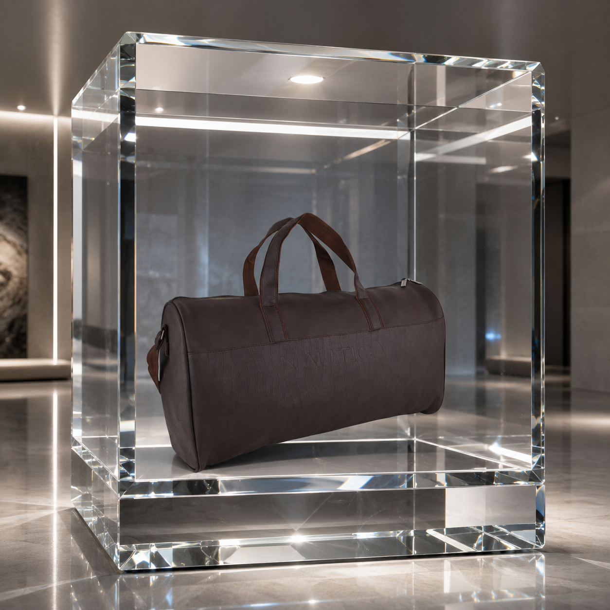 FEATURES :  NEW ENGLISH COLORE CROCO TEXTURED DESIGN COMPACT SIZE / WITH STRAP 19.3*11*8.7 INCH SIZE CROCO DUFFLE - DARK BROWN image 2