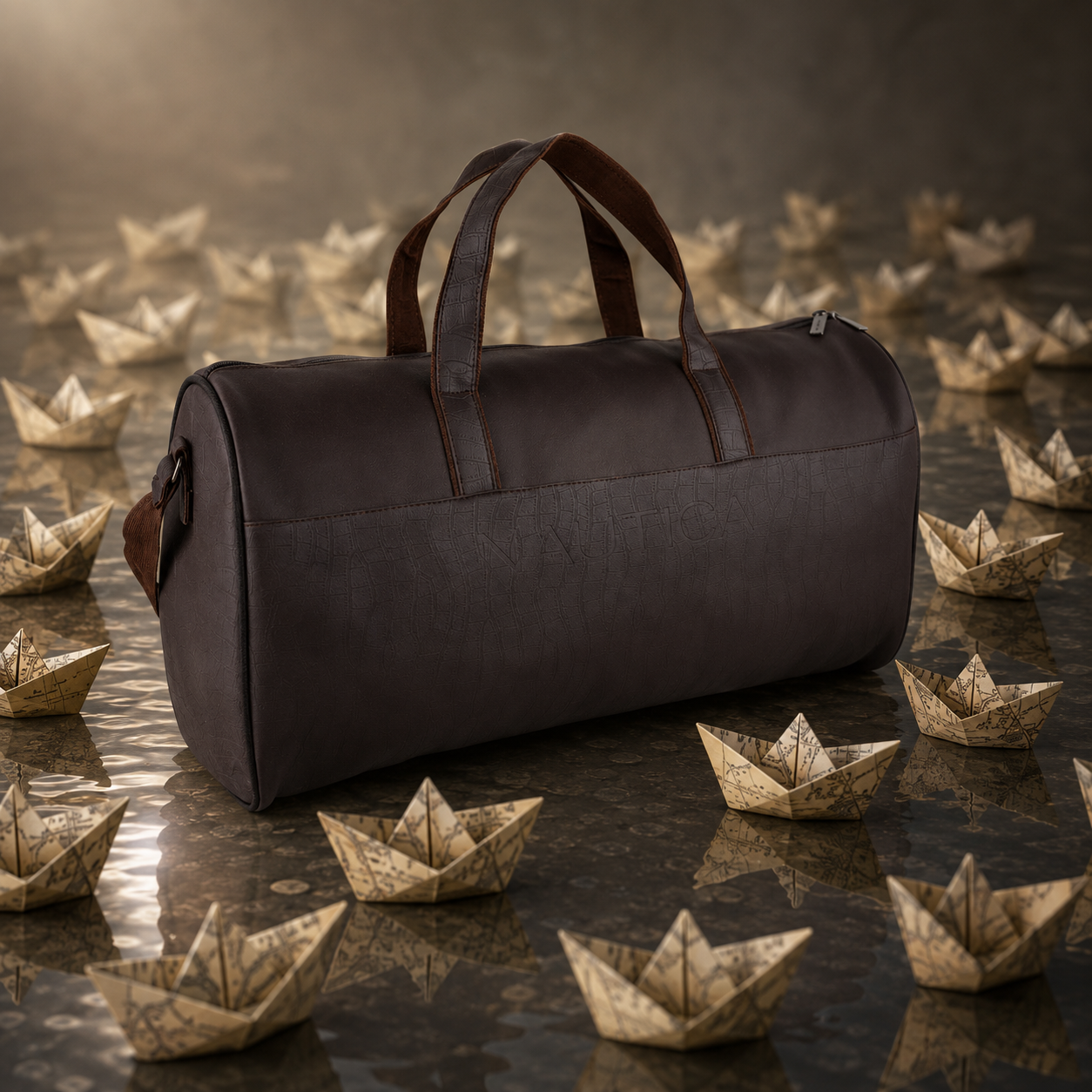 FEATURES :  NEW ENGLISH COLORE CROCO TEXTURED DESIGN COMPACT SIZE / WITH STRAP 19.3*11*8.7 INCH SIZE CROCO DUFFLE - DARK BROWN image 3