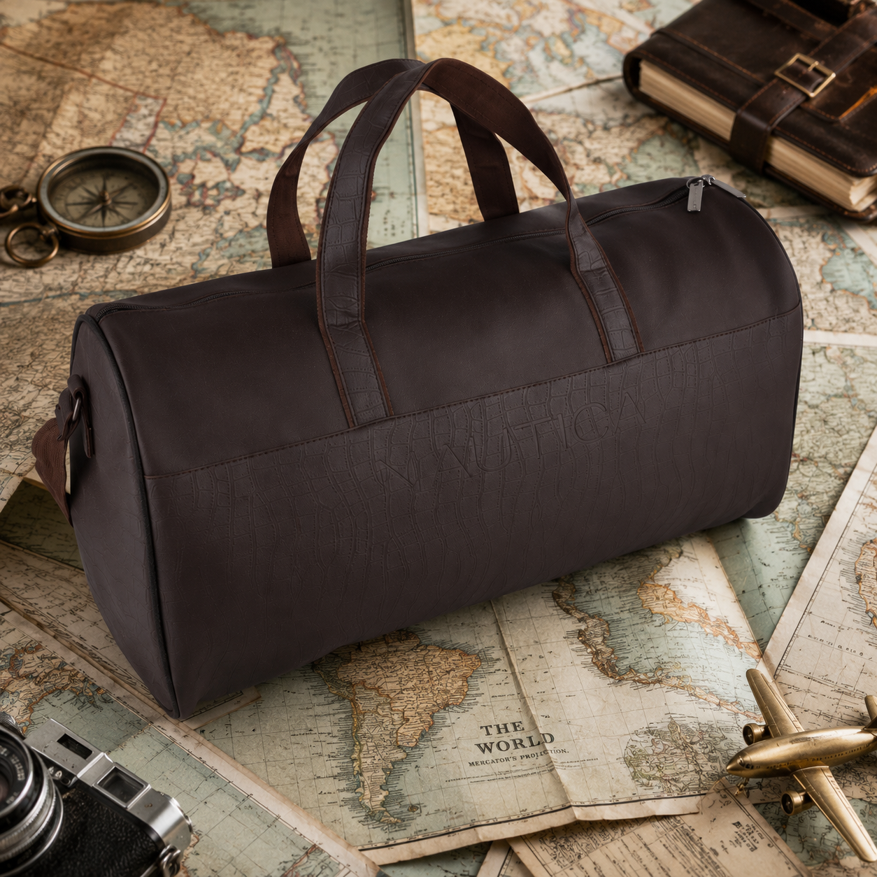 FEATURES :  NEW ENGLISH COLORE CROCO TEXTURED DESIGN COMPACT SIZE / WITH STRAP 19.3*11*8.7 INCH SIZE CROCO DUFFLE - DARK BROWN image 4