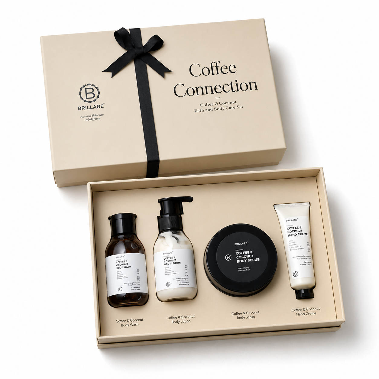 COFFEE CONNECTION GIFT SET CONTENTS : BODY WASH 100ML / BODY SCRUB 100G / HAND CRÈME 30G / BODY LOTION 100ML