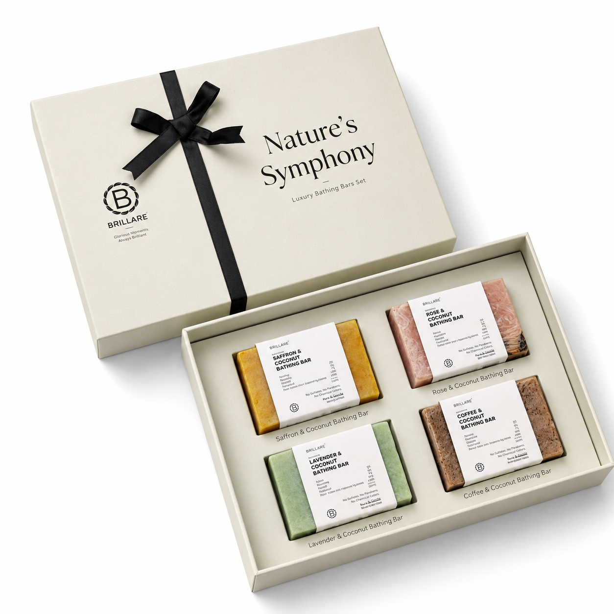 NATURE`S SYMPHONY GIFT SET CONTENTS : SAFFRON & COCONUT BATHING BAR / ROSE & COCOUNT BATHING BAR / LAVENDER & COCOUNT BATHING BAR / COFFEE & COCOUNT BATHING BAR