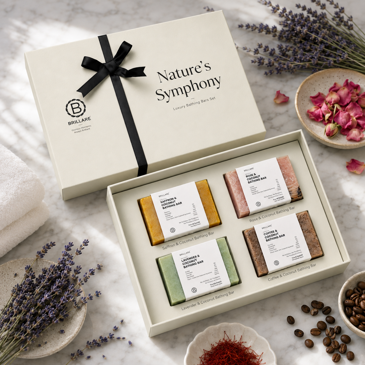 NATURE`S SYMPHONY GIFT SET CONTENTS : SAFFRON & COCONUT BATHING BAR / ROSE & COCOUNT BATHING BAR / LAVENDER & COCOUNT BATHING BAR / COFFEE & COCOUNT BATHING BAR image 2