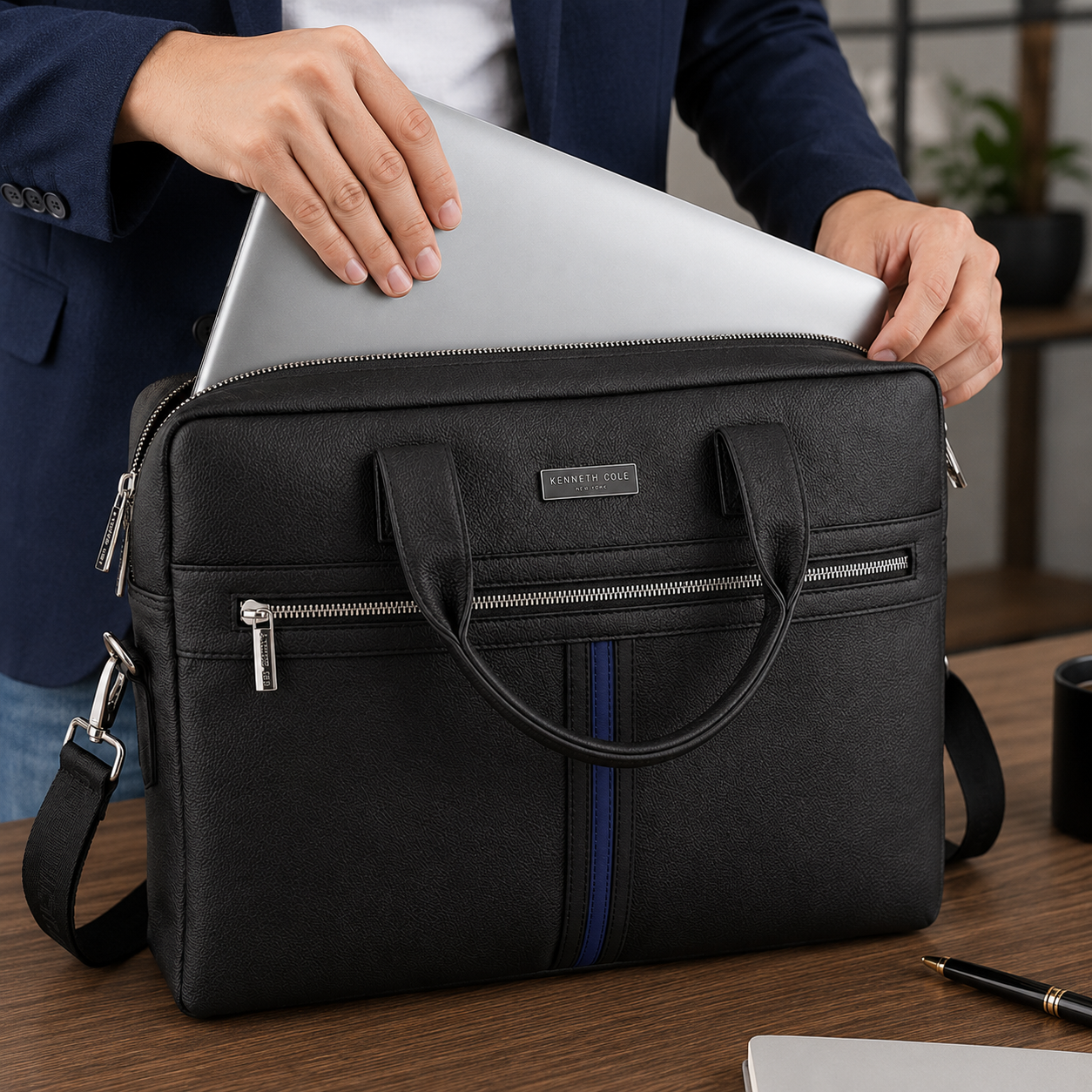 KC 09 KENNETH COLE / STRIPE LAPTOP BAG BLACK  image 3