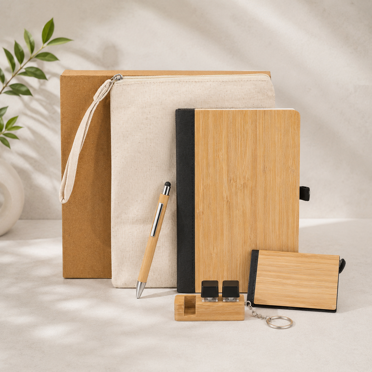 BAMBOO ESSENTIALS CORPRORATE KIT BOX PACK MULTI- PURPOSE CANVAS POUCH, BAMBOO A5 NOTEBOOK, PEN, CARDHOLDER FIDGET KEYCHAIN WITH MOBLE HOLDER