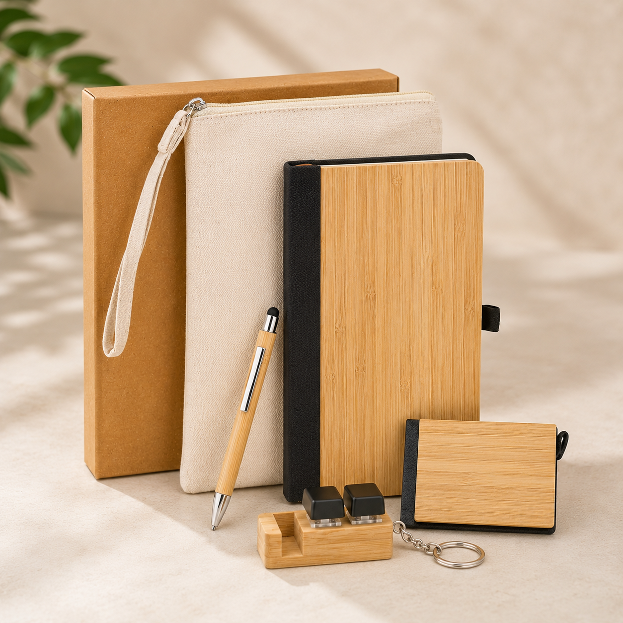 BAMBOO ESSENTIALS CORPRORATE KIT BOX PACK MULTI- PURPOSE CANVAS POUCH, BAMBOO A5 NOTEBOOK, PEN, CARDHOLDER FIDGET KEYCHAIN WITH MOBLE HOLDER image 2