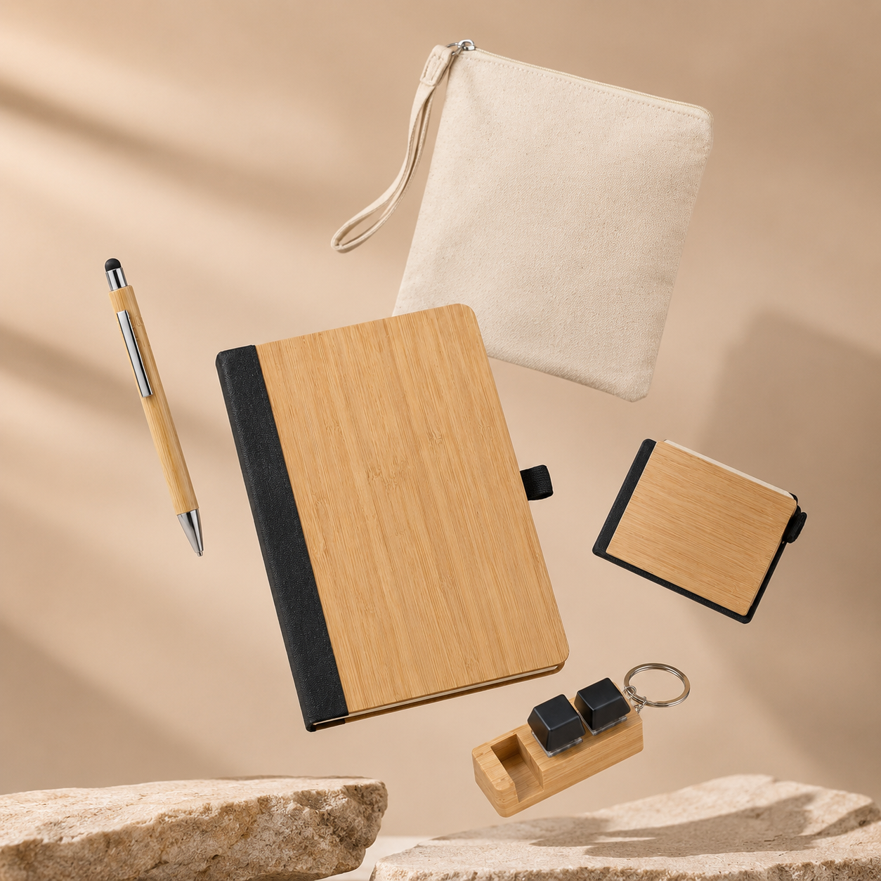 BAMBOO ESSENTIALS CORPRORATE KIT BOX PACK MULTI- PURPOSE CANVAS POUCH, BAMBOO A5 NOTEBOOK, PEN, CARDHOLDER FIDGET KEYCHAIN WITH MOBLE HOLDER image 5