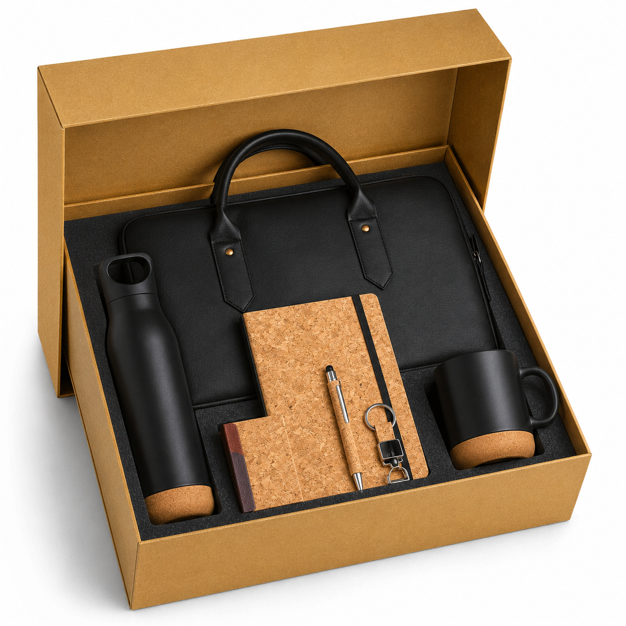 CORK COMBO SET CORK BOTTLE, MUG, DIARY, PEN, CARDHOLDER, KEYCHAIN & JUTE LAPTOP BAG & BOX