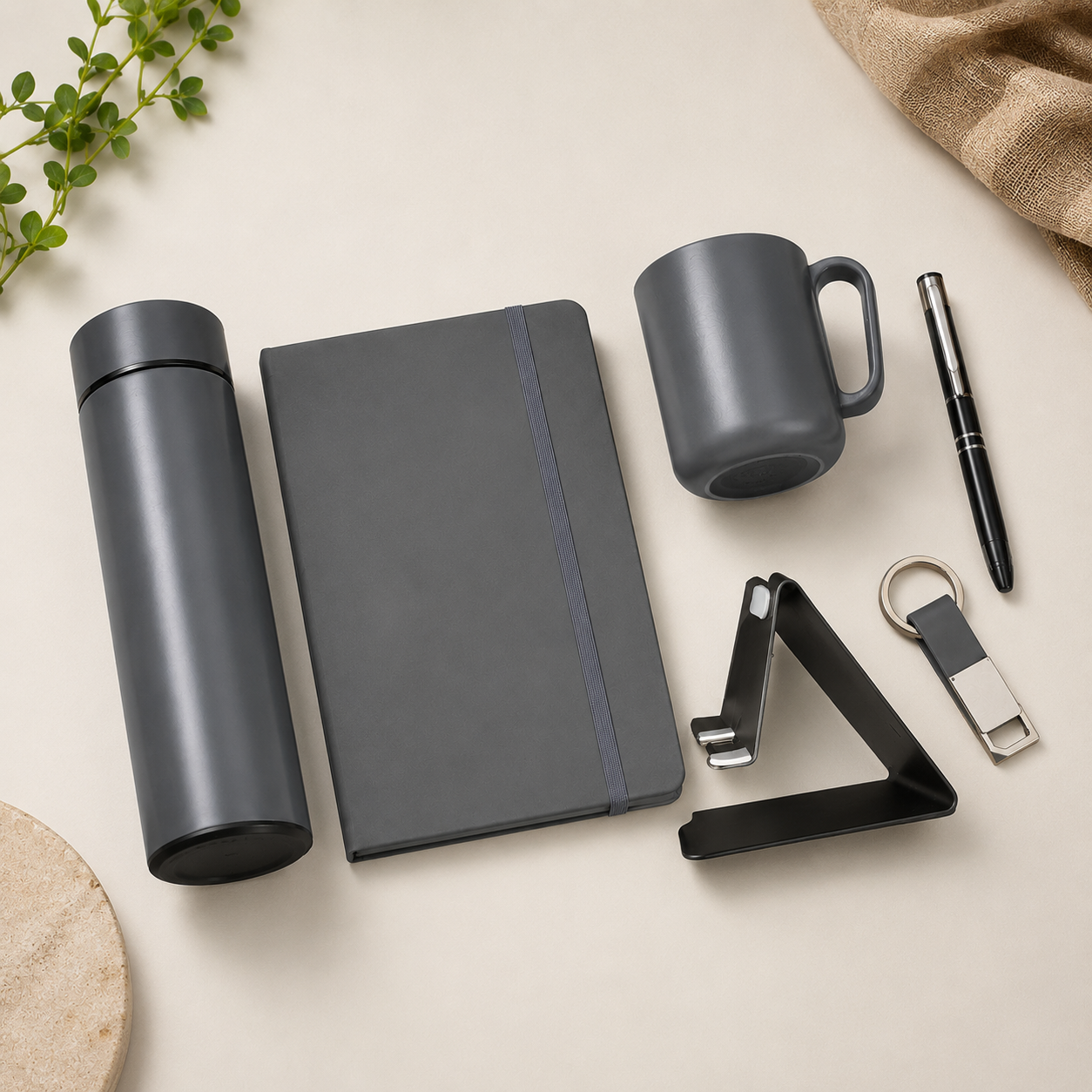 6 IN 1 BLACK A5 NOTEBOOK, TEMPERATURE BOTTLE, STEEL MUG, MOBILE STAND, PEN, & KEYCHAIN image 3