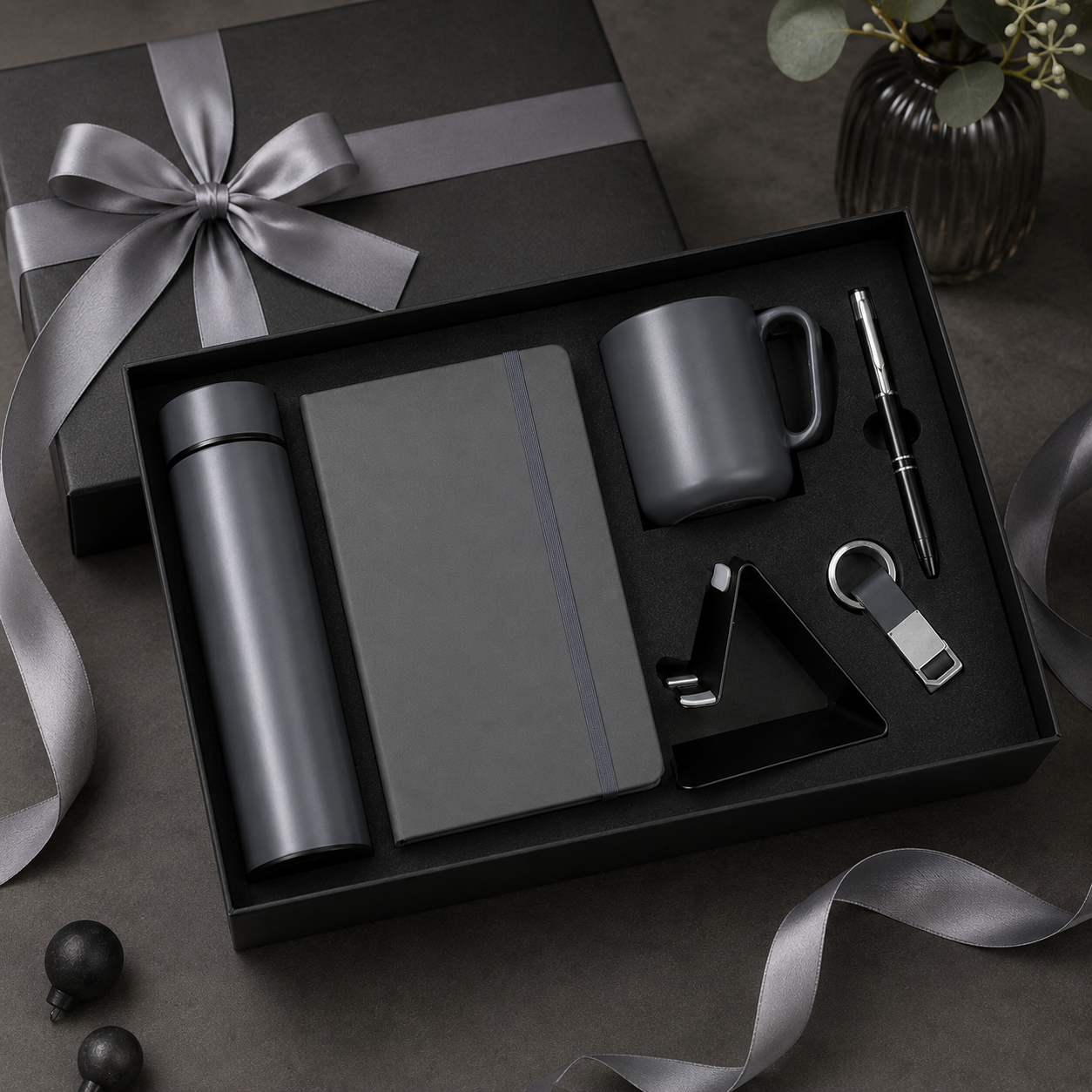6 IN 1 BLACK A5 NOTEBOOK, TEMPERATURE BOTTLE, STEEL MUG, MOBILE STAND, PEN, & KEYCHAIN image 4