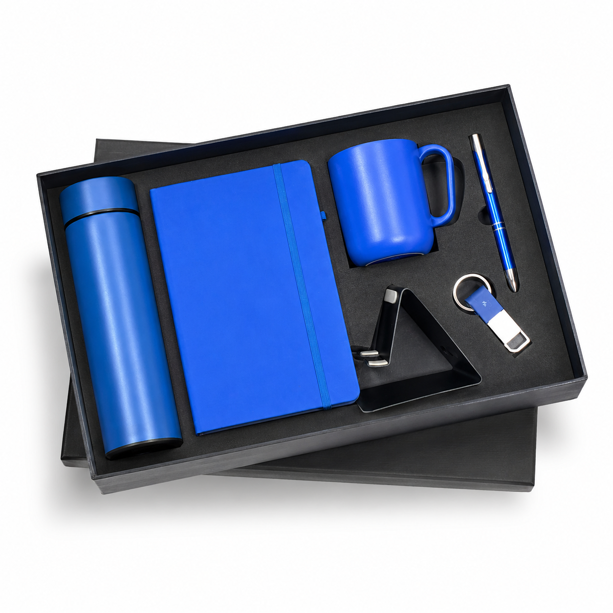 6 IN 1 BLUE  A5 NOTEBOOK, TEMPERATURE BOTTLE, STEEL MUG, MOBILE STAND, PEN, & KEYCHAIN