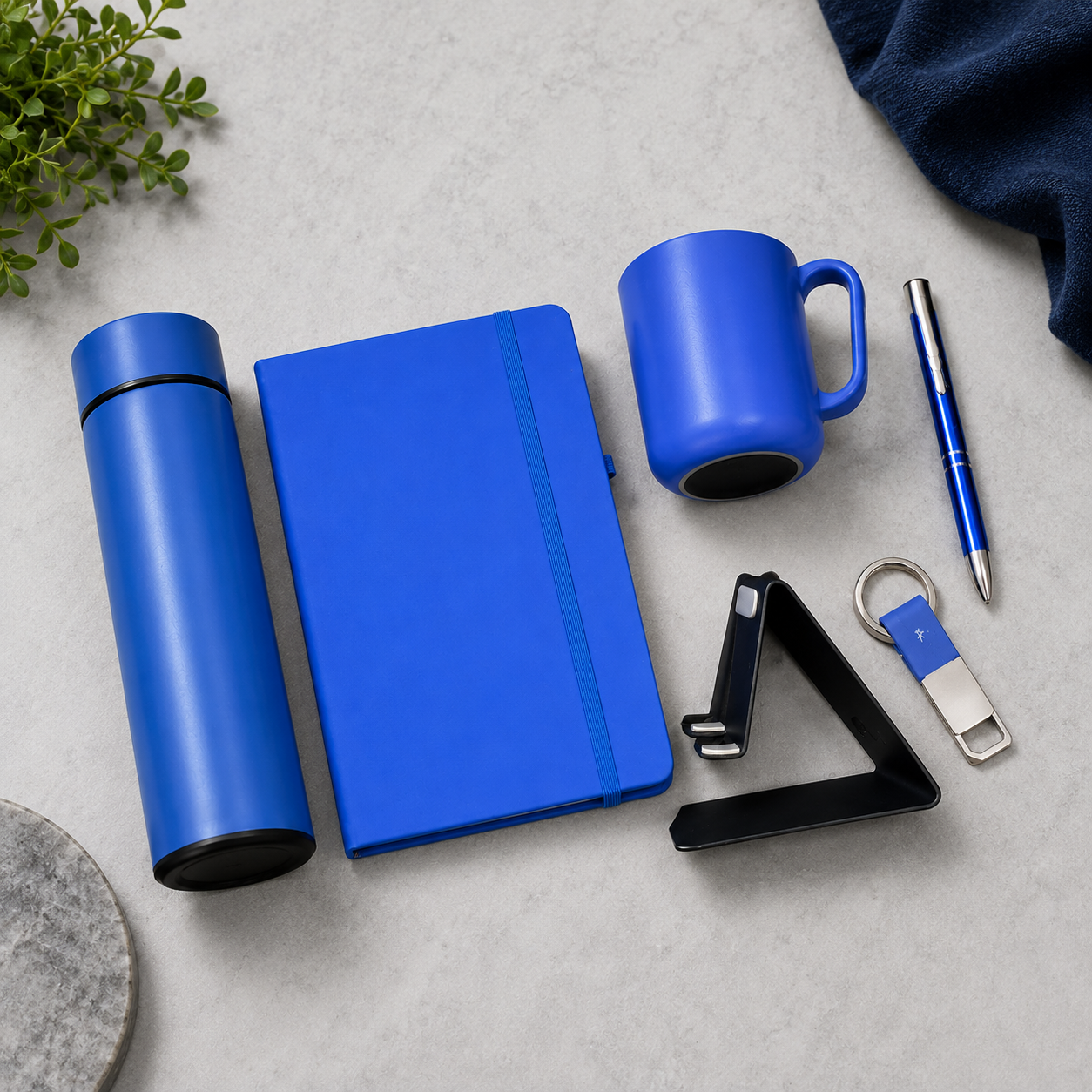 6 IN 1 BLUE  A5 NOTEBOOK, TEMPERATURE BOTTLE, STEEL MUG, MOBILE STAND, PEN, & KEYCHAIN image 3