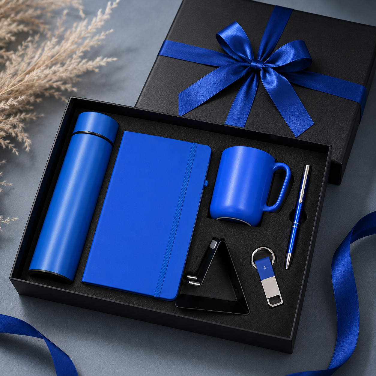 6 IN 1 BLUE  A5 NOTEBOOK, TEMPERATURE BOTTLE, STEEL MUG, MOBILE STAND, PEN, & KEYCHAIN image 4